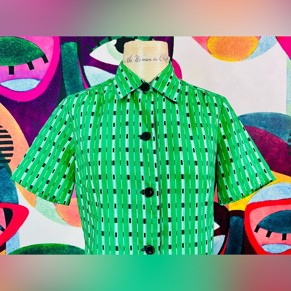 VTG 1970s Green Patterned Button-Up Dress - Picture 2 of 3